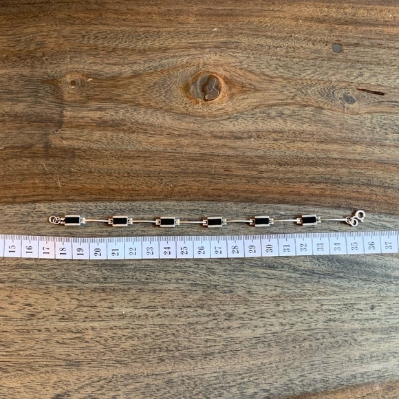 Sterling Silver Bracelet Black Stone Rectangles Link Stamped 925 A1 Artist Vtg - Picture 4 of 10